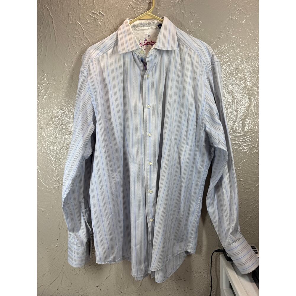 Robert Graham Shirt Mens White Striped Colorful Flip Cuff Button Size XL‎